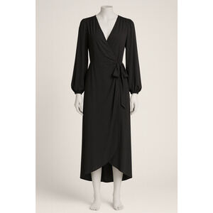 Express Women’s Black Whimsigoth Long Sleeve Faux Wrap Midi Dress Tie Waist - XL